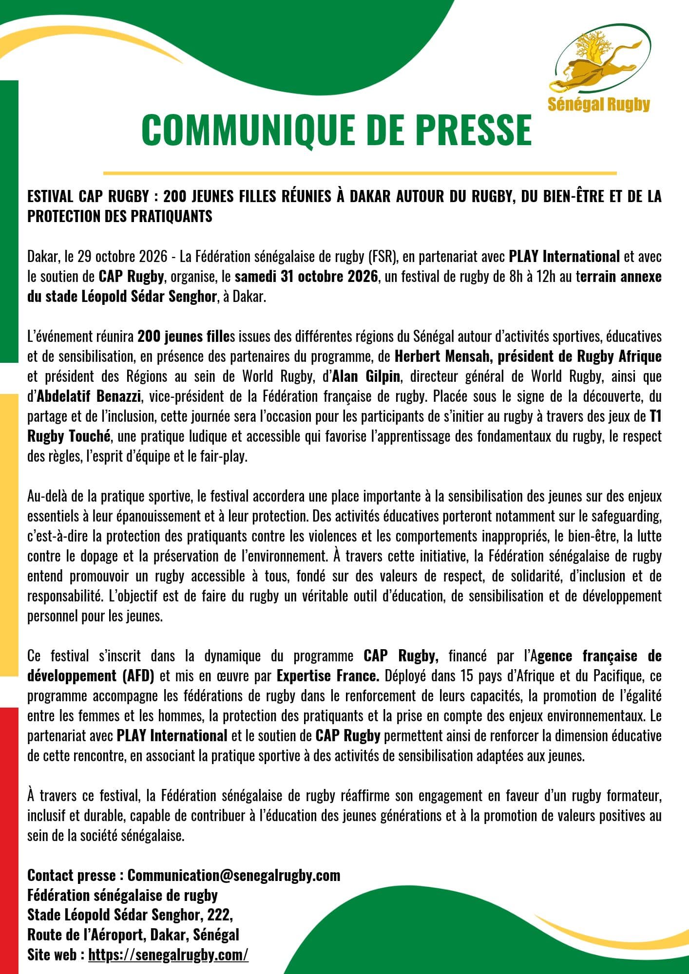 Communiqué : Communiqué de presse - Festival cap rugby : 200 jeunes filles réunies à Dakar autour du rugby, du bien-être et de la protection des pratiquants